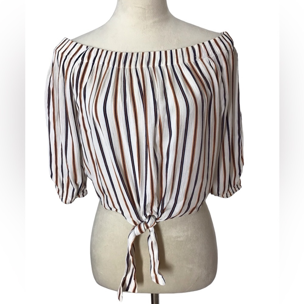 Pull & Bear Boho Striped Cropped Tie Front Blouse Size Medium